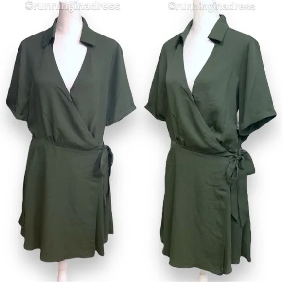 NWT Vince Camuto Collared Satin Wrap Dress In Color Green Size Medium - Picture 3 of 8